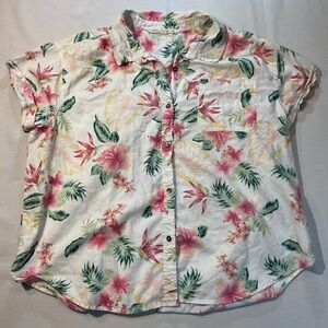 Vanilla Star Womens Floral Tropical White/Green/Pink Short Sleeve Button-Up XL